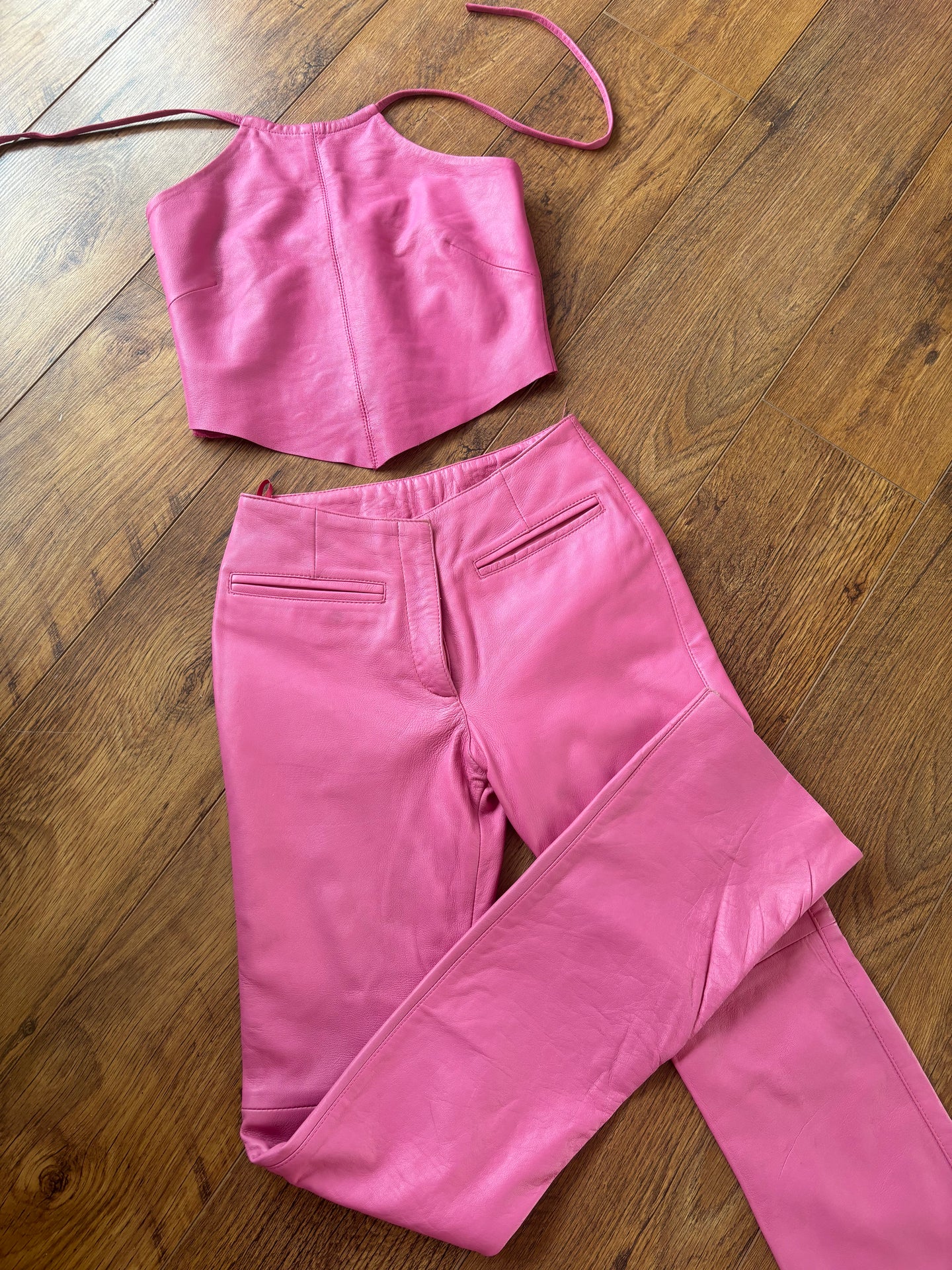 Vintage Y2K Hot Pink Leather Trousers & Top Set